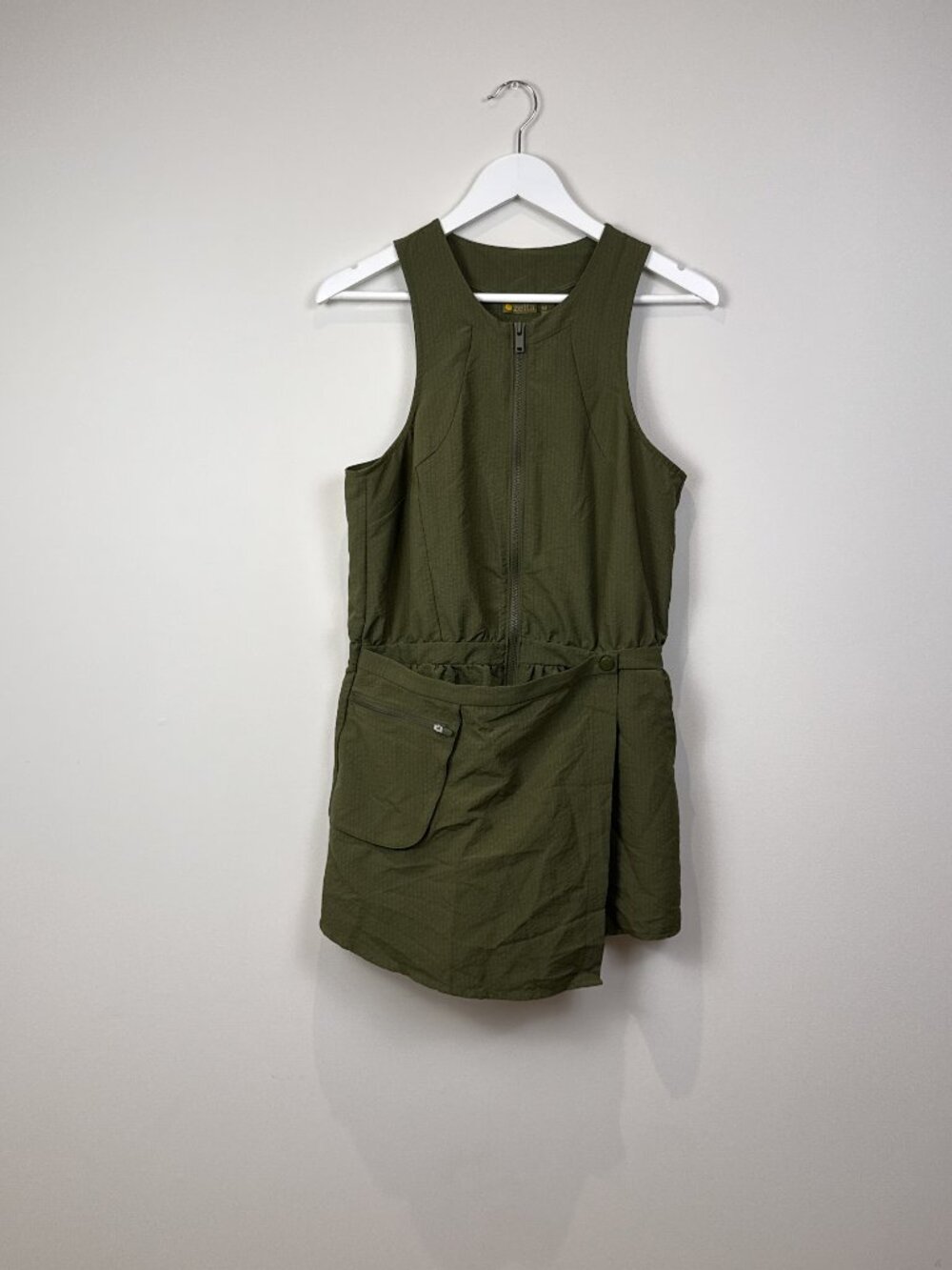 Zella Womens M Olive Green Zip Front Skort Romper Activewear Sleeveless